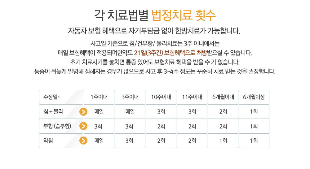 교통사고 후유증의 각 치료법별 법정치료 횟수